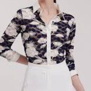 NWT Anne Fontaine Vaxy Navy And White Floral Lace Poplin 3/4 Sleeve Shirt
